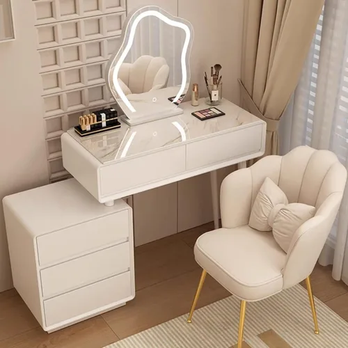 Vista 18 de Tocador con espejo con luces, mesa de tocador con cajones, mesa de maquillaje blanca, 3 modos de iluminación de brillo ajustable, para dormitorio