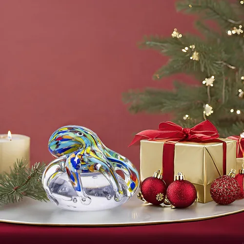 Vista 3 de Figura de pulpo de cristal soplado a mano en bola de cristal, coleccionable de criatura marina hecha a mano, pisapapeles y decoración de acuario