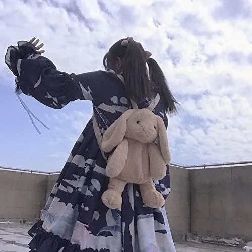 Vista 6 de Kmiunty Linda mochila de peluche con diseño de conejo, con correas ajustables para niñas, Caqui, Viajar