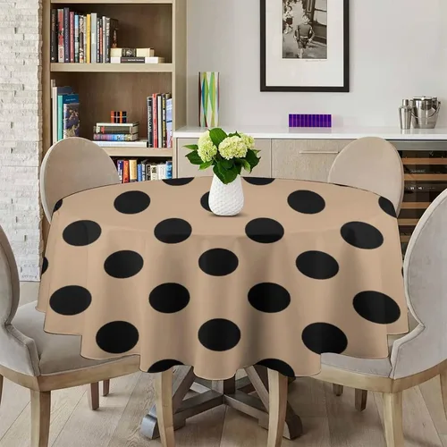 Vista 3 de Mantel redondo lavable de lunares negros sobre beige de 50 pulgadas para cocina, comedor, fiesta, decoración moderna