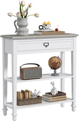 Vista 3 de kinbor Accent - Mesa consola blanca con cajón y estante, mesa de sofá de madera con almacenamiento para entrada, pasillo, sala de estar