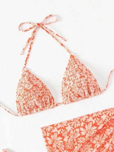 Vista 3 de COZYEASE Conjunto de bikini de 3 piezas para mujer, con estampado floral, brasier triangular halter y parte inferior de bikini con nudo lateral