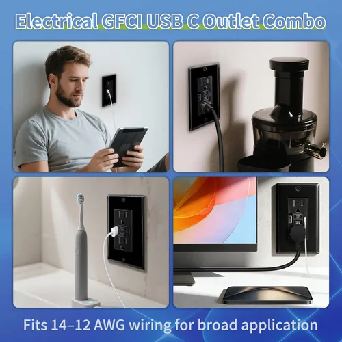 Vista 8 de Toma GFCI negra de 15 amperios con puertos USB C y USB-A, 1 unidad de 24 W de autotprueba GFCI USB Combo con indicador LED, resistente a