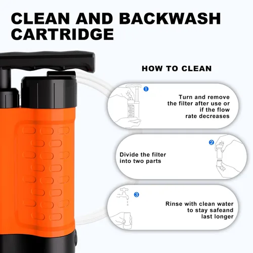 Vista 6 de Bomba de filtro de agua portátil, purificador de agua de supervivencia manual de 0.01 micrones para camping, senderismo, mochilero, emergencia