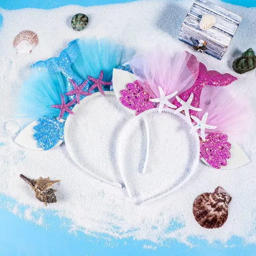 Vista 3 de Lurrose - Diadema de cola de sirena, 4 piezas, accesorios para el pelo, disfraz de cumpleaños, suministros para mujeres y niñas