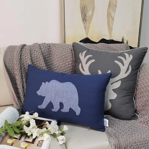 Vista 5 de Fundas de almohada lumbares de 12 x 20 pulgadas, con diseño de oso de algodón y lino, fundas de cojín bordadas para sofá, dormitorio (azul)