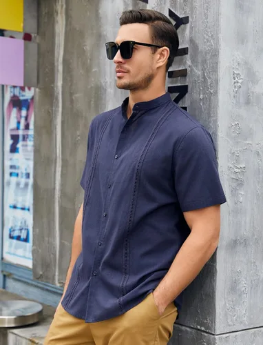 Vista 4 de Ryannology Guayabera - Camisas de lino de manga corta con botones para hombre, estilo casual, playa, campamento cubano, camisa mexicana para hombre