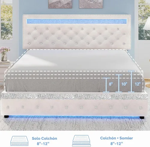 Vista 6 de Torana Marco de cama LED completo con cabecero y cajones ajustables, terciopelo crema Beige