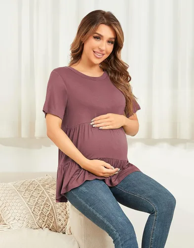 Vista 5 de Xpenyo Camisetas de maternidad para mujer de manga corta escalonadas básicas casual para embarazo