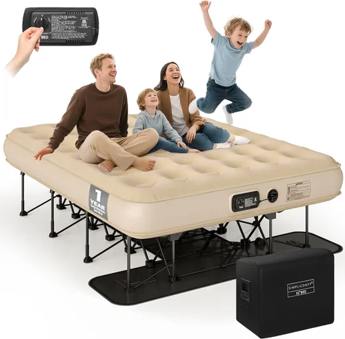 Vista 8 de Simpli Comfy EZ Bed - Colchón de aire autoinflable individual con marco integrado, bomba y funda con ruedas, cama de aire inflable perfecta