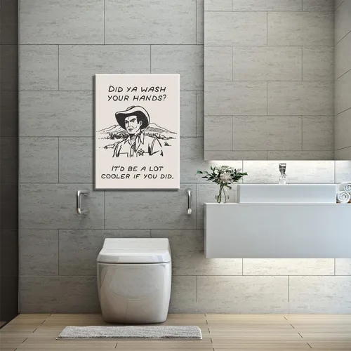 Vista 4 de Cuadros enmarcados de vaquero retro en blanco y negro para la pared de la cocina ¿Lavaste tus manos? Impresiones en lienzo, imágenes divertidas