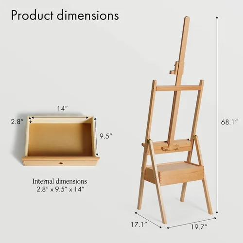 Vista 2 de ARTIFY Caballete de estudio grande de madera con marco en H con cajón de almacenamiento y estante para artistas, soporte de lona de madera de haya