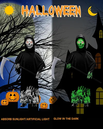 Vista 2 de Woochic Disfraz de la parca para niños, disfraces de Halloween aterradores con guadaña, disfraz que brilla en la oscuridad para niños y niñas