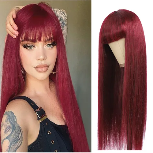 Vista 6 de Pelucas de cabello humano lacio hechas a máquina con flequillo, color borgoña #99J, sin pegamento, hechas a máquina, sin encaje frontal