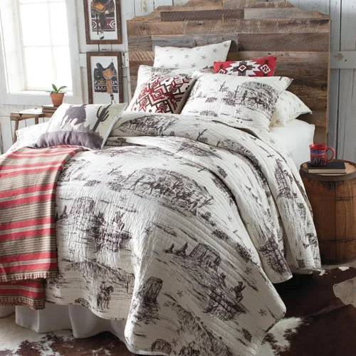 Vista 8 de Tumbleweed Trail King - Edredón vintage de vaquero occidental, ropa de cama reversible marrón y crema, 106 x 92 pulgadas