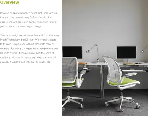 Vista 6 de Humanscale Diffrient World - Silla de escritorio de oficina – Brazos Duron ajustables – Marco negro a rayas negras respaldo y malla de asiento