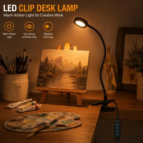 Vista 7 de Lámpara de escritorio USB con clip con 3 modos de color, brillo ajustable, cuello de cisne, temporizador de 1 minuto, luz de libro para leer libro