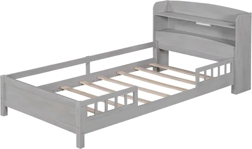 Vista 9 de Cama de plataforma de tamaño individual con cabecera de almacenamiento y luz LED integrada, base de cama de plataforma de madera con barandilla
