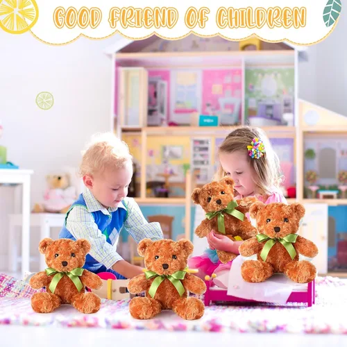 Vista 5 de Hungdao 12 piezas de osos a granel, animales de peluche de 10 pulgadas, lindos animales de peluche suaves con lazos verdes para baby shower, fiesta