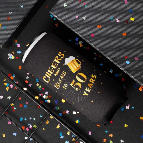 Vista 7 de JOELELI Decoraciones para fiestas de cumpleaños número 50, fundas de neopreno para latas de cerveza, decoraciones de 50 aniversario y regalo