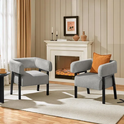 Vista 14 de Yaheetech Silla decorativa de pana con diseño de barril, moderno sillón tapizado con patas de madera maciza, acogedora silla de ocio con asiento