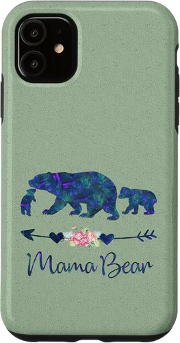 Vista 8 de Teal Blue Purple Floral Mama Bear and Two Cubs Light Green Case for iPhone 16