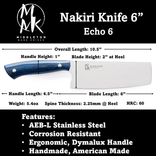 Vista 3 de Middleton Made Knives Echo - Cuchillo Nakiri de 6 pulgadas, AEB-L USA inoxidable, color azul