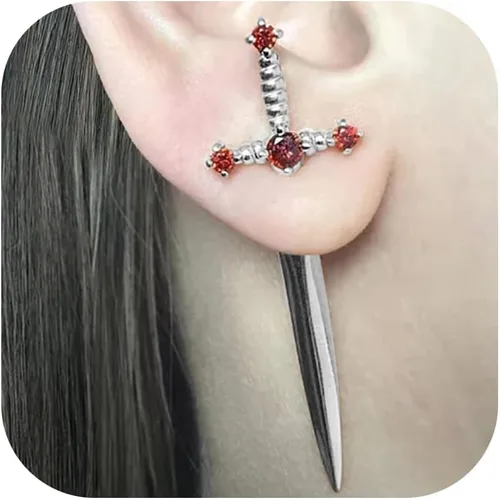 Vista 10 de Pendientes de espada gótica, estilo punk, aretes de daga de cristal con diamantes de imitación, joyería gótica de Halloween, joyería caprichosa A1