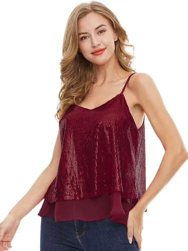 Vista 4 de SATINIOR Camiseta sin mangas de lentejuelas brillantes para mujer, chaleco de lentejuelas brillantes, chaleco de lentejuelas para fiesta de Navidad