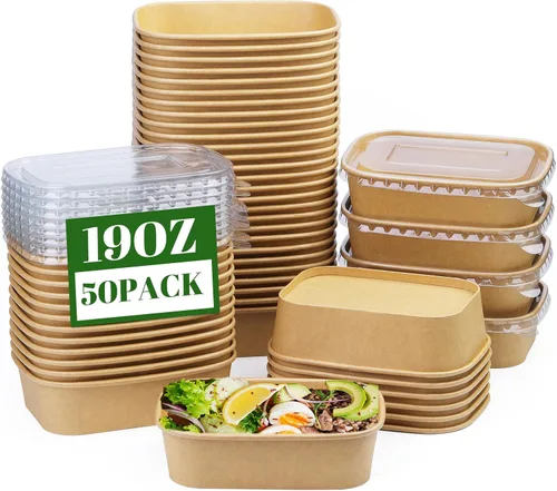 Vista 8 de Paquete de 25 cuencos de papel de 19 onzas, recipientes desechables con tapas, cuencos rectangulares desechables con tapas, cuencos de ensalada