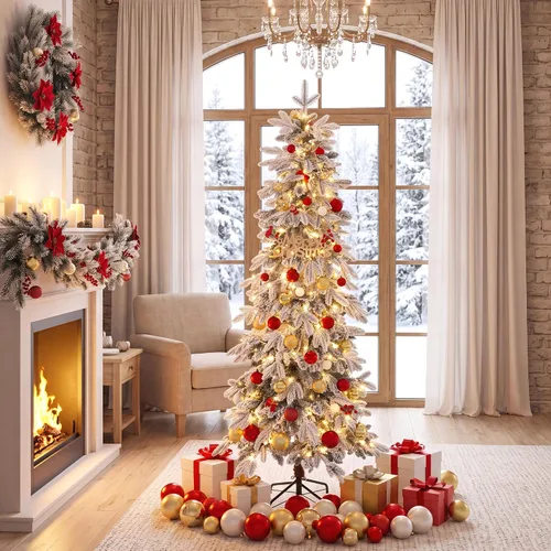 Vista 6 de Árbol de Navidad de lápiz blanco de 7 pies con 300 luces LED