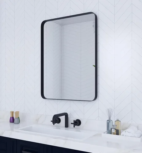 Vista 11 de VocalStar - Espejo de baño con marco de metal negro para pared, espejo de tocador de baño redondo rectangular mate de 16 x 24 pulgadas con marco