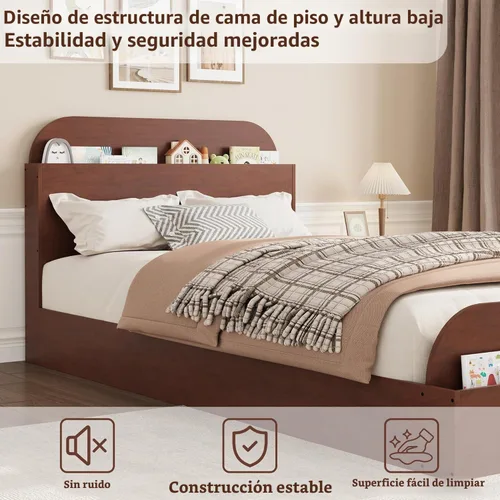 Vista 5 de Estructura de cama Garvee tamaño individual con cabecero y estribo – Cama de plataforma baja para niños, diseño de piso doble de madera, sin ruido