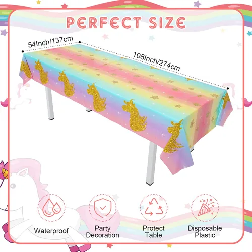 Vista 2 de Zhehao Mantel desechable de cumpleaños de unicornio de 108 x 54 pulgadas, mantel de plástico a rayas multicolor para fiesta de cumpleaños