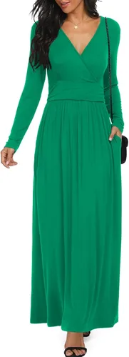Vista 22 de LILBETTER - Vestido largo de manga larga, cuello en V profundo, holgado, liso y casual para mujer Verde militar