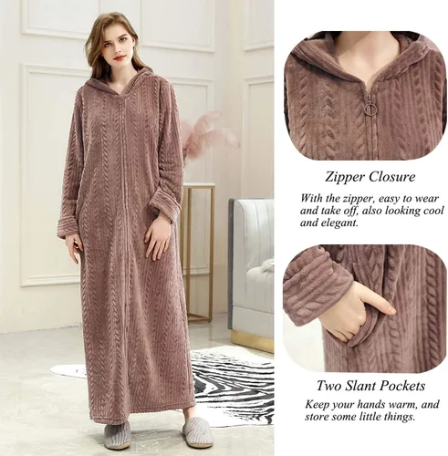 Vista 4 de Hellomamma Bata de baño larga con capucha y cremallera para mujer, bata de franela de forro polar, abrigo de invierno cálido para el hogar, camisón