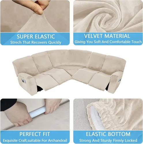 Vista 2 de Funda para sofá esquinero, funda elástica de terciopelo, protector de sofá esquinero, funda para sofá esquinero, funda reversible para sofá Beige