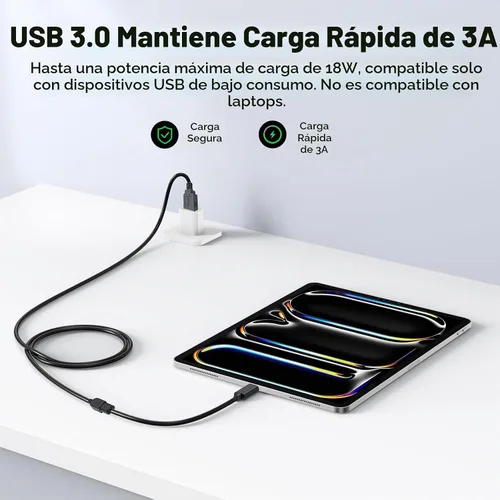 Vista 3 de Paquete de 2 cables de extensión USB 3.0, cable extensor USB 3.0 de transferencia de datos de 5 Gbps y carga rápida de 18 W, cables tipo A macho a