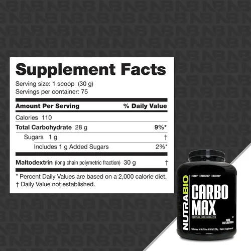 Vista 2 de NutraBio CarboMax Maltodextrina en polvo – Polvo de carbohidratos para energía sostenida – Rico en calorías para aumento muscular y de peso – Sin
