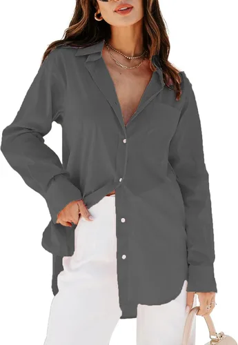 Vista 16 de siliteelon Camisas de vestir con botones para mujer, blusas de manga larga, cuello en V, lisas, casuales, con bolsillos