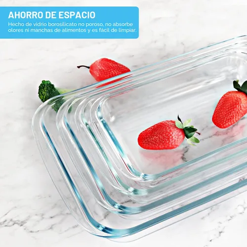 Vista 4 de KOMUEE Juego de 8 platos de vidrio para hornear con tapas rectangulares de vidrio con tapas sin BPA, moldes para hornear para lasaña, sobras