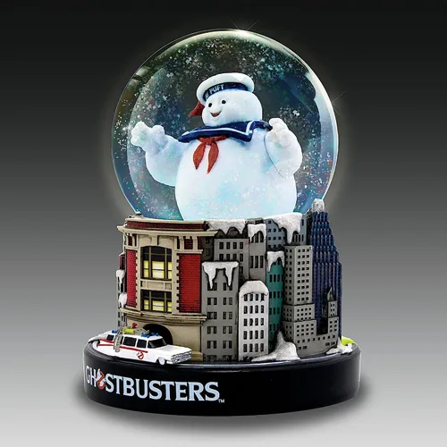 Vista 4 de Globo iluminado con purpurina de los Cazafantasmas con The Stay Puft Marshmallow Man ATOP una base esculpida