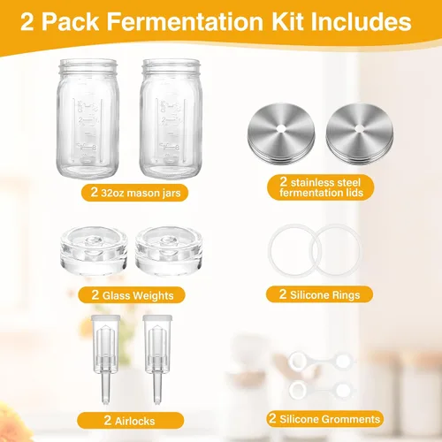 Vista 2 de Kit de fermentación de tarros Mason de 32 onzas, chucrut/decapado con 2 tarros de fermentación, 2 tapas de fermentación, 2 pesos de fermentación