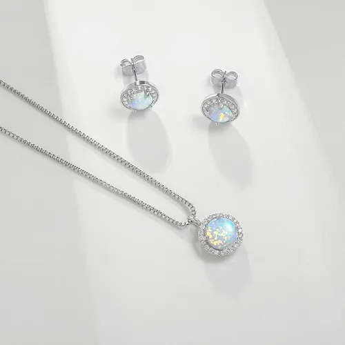 Vista 5 de DwearBeauty Juego de joyas de ópalo de oro blanco con circonita cúbica, collar de ópalo y aretes para mujeres y niñas (collar y aretes), Metal