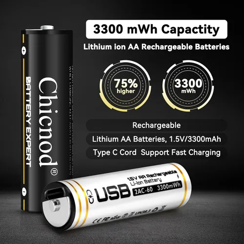Vista 4 de Baterías AA recargables USB-C, 3300 mWh de iones de litio de 1.5 V de voltaje constante, baterías de litio dobles A de carga rápida con cable tipo