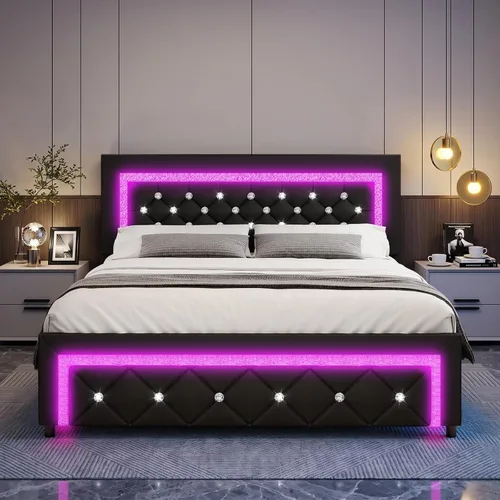 Vista 12 de BarnFurin Marco de cama Twin con luces LED, cama de plataforma tapizada con cabecera capitonada de diamante, no necesita somier, sin ruido, fácil