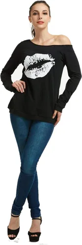 Vista 2 de MAGICMK - Suéter de hombros descubiertos y manga larga para mujer blusas informales con estampado de labios tallas extragrandes holgadas