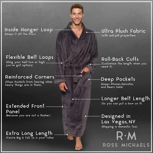 Vista 5 de Ross Michaels - Bata de baño para hombre de longitud completa, tallas Big y Tall, abrigo para el hogar, S-M, gris