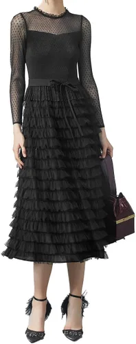 Vista 5 de Vestidos midi de gasa de manga larga para mujer, con capas, para invitadas de boda, cóctel, baile, fiesta de noche