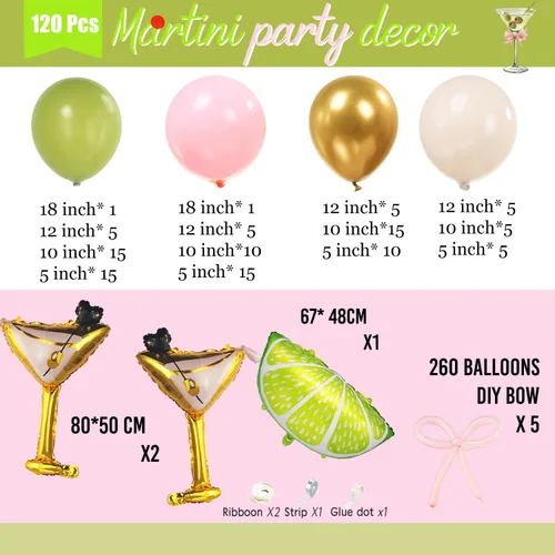 Vista 8 de Juego de guirnalda de globos de martini de limonada A Tini Bit para decoración de fiesta mayor, 130 globos rosa, verde y blanco, globo de vidrio